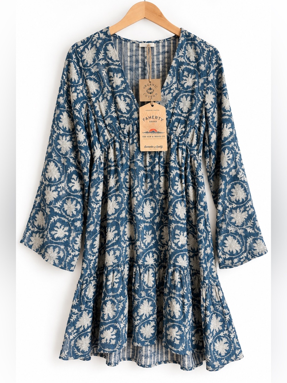 NWT Faherty Dune Cotton Gauze Floral Tiered Mini Dress Blue Ivory XS